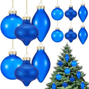 2 x HyDren 12 Pcs Plastic Christmas Ornaments for Tree Christmas Ball Finials 2.4''- 3.15" Vintage Shatterproof Drop Hanging Ornaments 3 Style Tree Decoration for Home Xmas Holiday Party Decor(Blue)