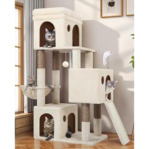 Globlazer Cat Tower for Multiple Indoor Cats, 52 inch Heavy Duty Cat Tree with 3 Condos, Plush Cat Condo with Scratching Posts and Pad for Adult Cats Kitten, Padded Top Perch, Basket Bed, F52B, Beige