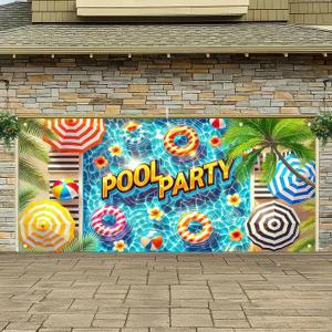 HOMETITUTE Pool Party Garage Door Banner 13x6ft Summer Beach Theme Backdrop Summer Party Decoration Banners for Outdoor Birthday Luau BBQ Swim Event Tropical Inflatable Photo Prop Background