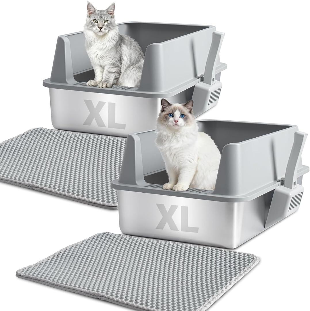 XL Stainless Steel Litter Box with Lid, Extra Large High Sided Metal Cat Litter Box with Mat and Scooper, Easy Clean, Non-Stick & No Smell, 2-pack