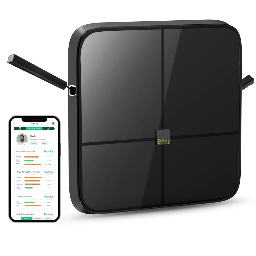 BodyPedia 8-Electrode Smart Scale for Body Weight, Digital Bathroom Weighing Scale Analyzes 43 Metrics (BMI/Muscle/Fat), Body Composition Monitor, Bluetooth Home User Health Equipment Sync Apps (Black)