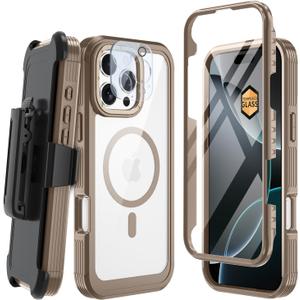 Magnetic for iPhone 16 Pro Max 6.9" Case, Compatible with MagSafe, Full Body Rugged Case with Built-in Screen Protector & Kickstand & Belt-Clip (Gold)