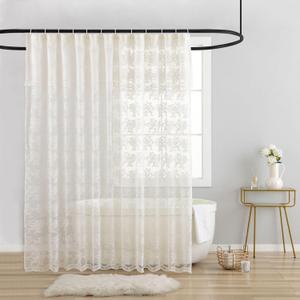 Lace Vintage Shower Curtain with Attached Valance, Crochet Rustic Floral Sheer Shower Curtains for Bathroom, Scalloped Edge Reinforced Holes Top Ivory Shower Curtain, 72 x 72 Inch, 1 Panel
