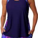 Summer Mae Blouson Tankini Swimsuits for Women 2026 Tummy Control Two Piece Bathing Suits with Sporty Pockets Swim Shorts (14, Purple Leaf Shadows)