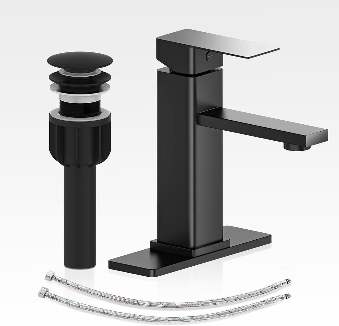 Bathroom Faucet Set with Pop Up Drain, Single Handle Black Bathroom Sink Faucet with Deck Plate, Farmhouse RV Vanity Faucets for Sink (1 Hole or 3 Holes)