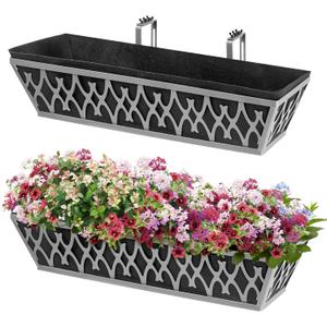 2 Pack 24 Inch Window Boxes Planters Railing Planter Box with Adjustable Brackets & Non-Woven Fabric Plant Grow Bags Deck Railing Planter Boxes Balcony Hanging Flower Box for Outdoor Plants