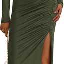 BTFBM Formal Dresses for Women 2026 Spring Long Sleeve Mock Neck Ruched Bodycon Slit Maxi Wedding Guest Dress Cocktail (XL)