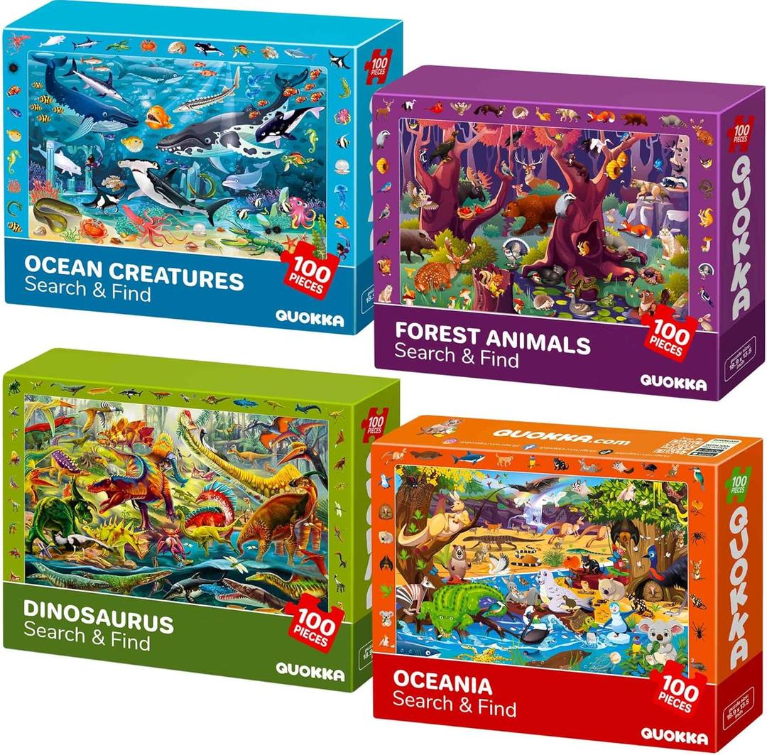 QUOKKA 100 Piece Puzzles for Kids Ages 4-6 - 4 Jigsaw Puzzles for Kids Ages 6-8 - Search and Find Game with Animals, Dinosaurs for Children 5-8 - Learning Educational Toys for Boys and Girls 8-11