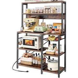 SUPERJARE Bakers Rack with Power Outlet, 35.4 Inches Coffee Bar with Wire Basket, Kitchen Microwave Stand with 6 S-Shaped Hooks, Open Storage Shelves, Rustic Brown