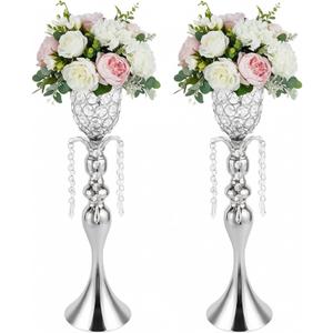 Acrylic Pendant Wedding Vases for Tables, Silver Metal Trumpet Centerpieces, Elegant Tulip Flower Stands, Decorative Silver Flower Arrangement Vases for Event Party Wedding Home Decor (Silver-2pcs)