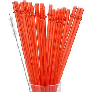 24Pcs Reusable Plastic Straws Colorful Plastic Straws, 11 Inch Long Hard Cup Drinking Straw with Cleaning Brush-Red