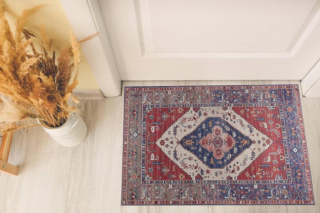 GLN Rugs Vintage Collection - Machine Washable Area Rug, Vintage Washable, Non Slip, Low Pile Rug, Living Room, Bedroom, Bathroom Rug - Easy Clean (2'x3' Red)