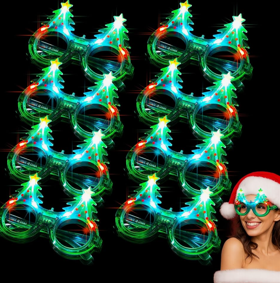 Funtery 8 Pack Light up Glass Tree LED Sunglass Bulk Glow in Dark Glass Plastic Glitter Neon Santa Gift