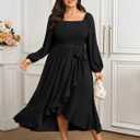 SCOMCHIC Women Plus Size Cocktail Dress Formal Long Sleeve Wedding Guest Smocked High Low Ruffle Dress with Belted (XX-Large Plus, Black)