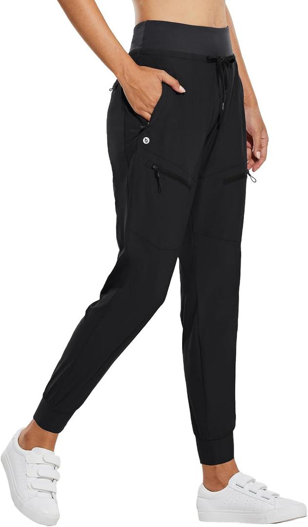 baleaf Women's Joggers Lightweight Hiking Pants High Waist 5 Zipper Pockets Quick Dry Travel Athletic UPF50+ (Black 28'' Inseam) S