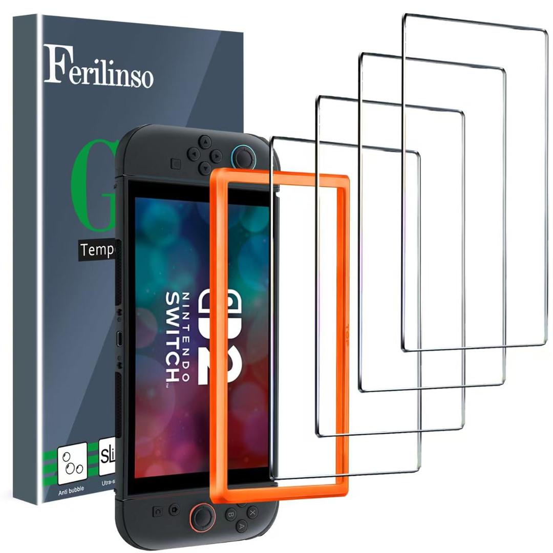 Ferilinso [Zero Bubble Install] 4Pack Tempered Glass Screen Protector for Nintendo Switch 2 2025, with Alignment Frame, Travel Carrying Case Friendly Accessories, Screen Protector for Switch 2 7.9''