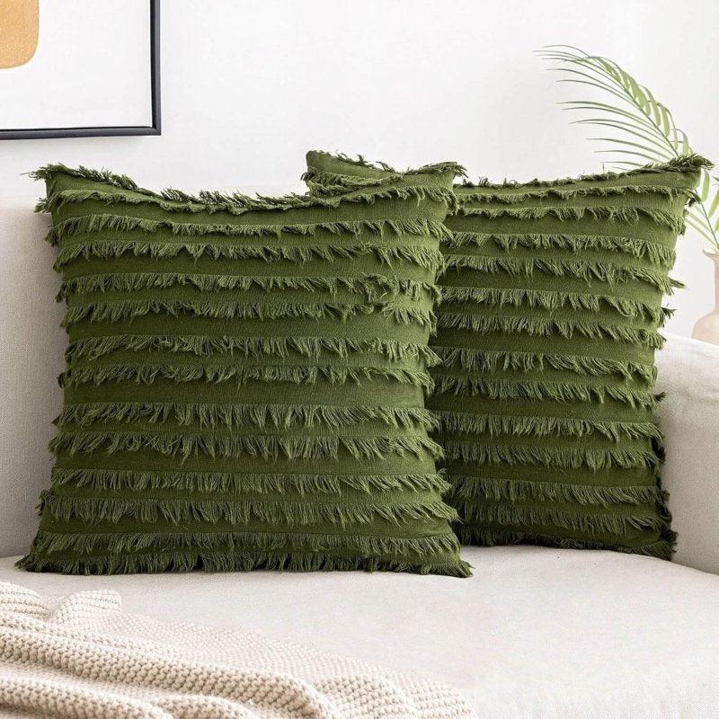MIULEE Pack of 2 Decorative Boho Throw Pillow Covers 18x18 Inch Olive Green Pillowcases Linen Striped Jacquard Pattern Pillow Covers Modern Farmhouse Home Decor for Spring Sofa Living Room Couch