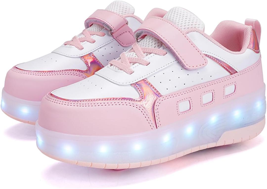Roller Skate Shoes for Boys and Girls Kids LED Light Up Fashion Sneakers with Rechargeable and Detachable Wheels The Gift for Party Birthday Christmas Day (12 Little Kid, Pink1558)