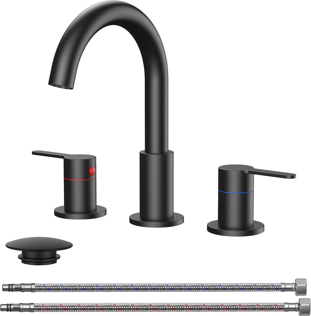 QFN Matte Black Bathroom Faucets 3 Hole, 8 Inch Widespread Vanity Sink Faucet with Aerator, 2 Handle 360 Swivel High Arc Spout, Spot-Free Finish, cUPC NSF Certified and CEC & DOE Compliant