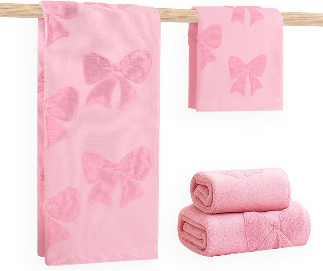 4 Pack Cotton Towel Set, Pink Soft Bathroom Bow Towel Set, Contains 2 Hand Towels 14x30in & 2 Wash Cloths 14x14in, Highly Absorbent & Lightweight, Preppy Bath Decor Wedding Gift