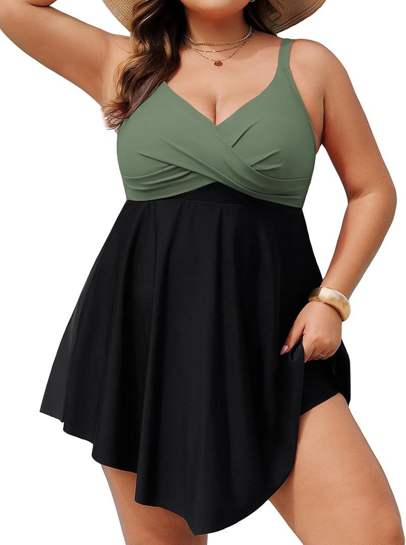 Hanna Nikole Women Plus Size One Piece Swim Dress Tummy Control Swimsuits Twist Front Bathing Suit Body Shaping Swimwear (Green Black) US 22