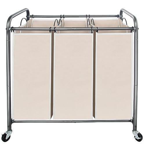 STO STO Laundry Sorter 3 Section, 3 Bag Clothes Hamper, Rolling Laundry Cart Basket with Heavy Duty Lockable Wheels and Removable Bag for Laundry Room, Bedroom, Closet, Beige