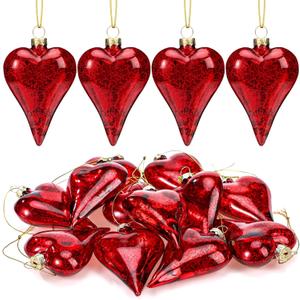 RattanView 12 Pack Valentine Heart Glass Ornament 3.2 inch Red Glass Heart Shaped Ornament Shiny Antique Romantic Love Shaped for Valentine Gift Wedding Anniversary Holiday Hanging Tree Decor