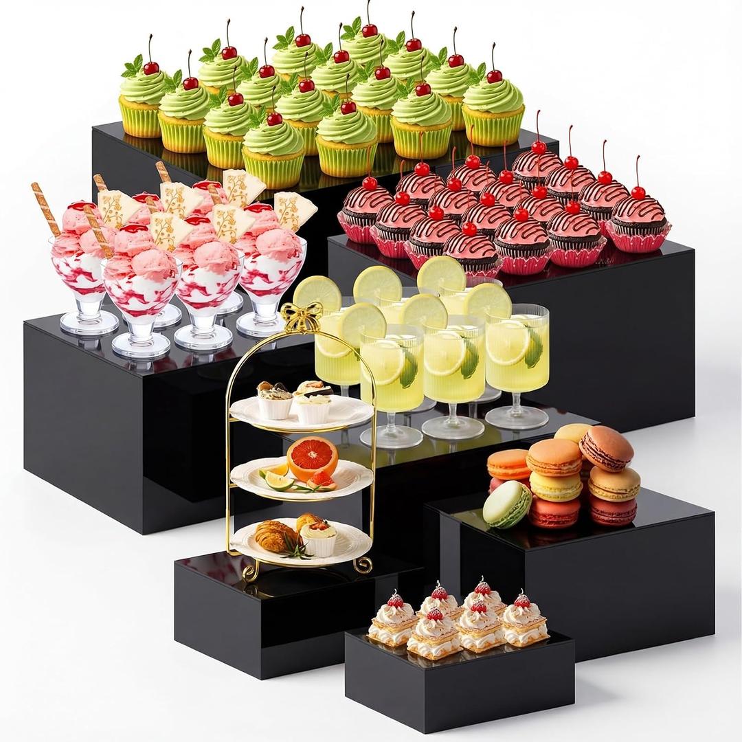 Leinuosen 7 Pcs Extra Large Buffet Risers Set 8" to 14" Square Acrylic Display Box Catering Dessert Table Riser Food Display Decorative Stand with Hollow Bottom for Catering Supplies(Black)