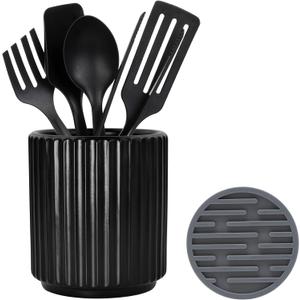 Black Utensil Holder (H5.51 x W4.92), Ceramic Utensil Crock, Cooking Spoon Holder for Kitchen, Spatula Holder for Counter, Includes Silicone Drying Mat, Black
