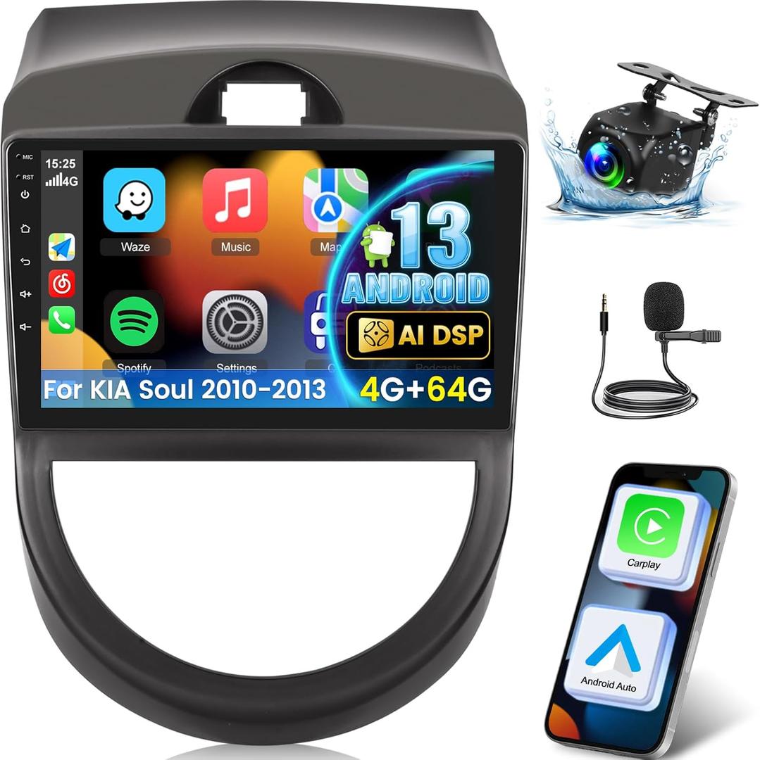 [4+64G] NHOPEEW for KIA Soul 2010-2013 Android 13 Car Radio with Wireless Carplay and Android Auto - 9 Inch 1280 * 720 HD Touch Screen Car Stereo - AI DSP/WiFi/GPS Navi/SWC + AHD Backup Camera