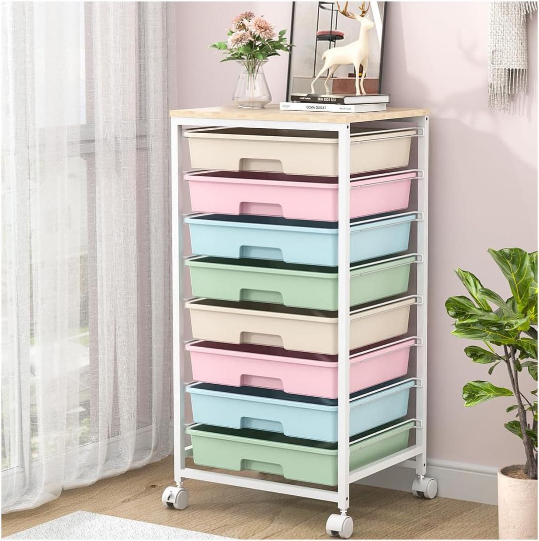 Rolling Storage Cart with Drawers,Utility Cart With 8 Drawers and Wooden Tabletop,Rolling Drawer Cart,Storage Drawer Cart for Living Room,Classroom,Bedroom,Bathroom,Dorm,Office,Rainbow