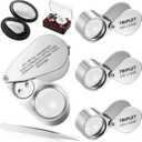 4 Pcs 40x Metal Jewelers Loupe Magnifier with Light Illuminated LED Magnifying Glass 10x 20x 30x Jewelry Eye Loop Folding Pocket Magnifying Glass with Tweezers for Close Work Gems Rocks Stamps Coins