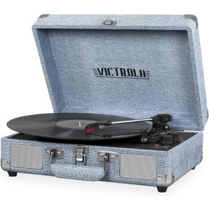 Victrola Journey Bluetooth Portable Suitcase Record Player  with Built-in Speakers, 3 Speed Vinyl Record Player, RCA Out, Headphone Jack, Light Denim Blue Linen