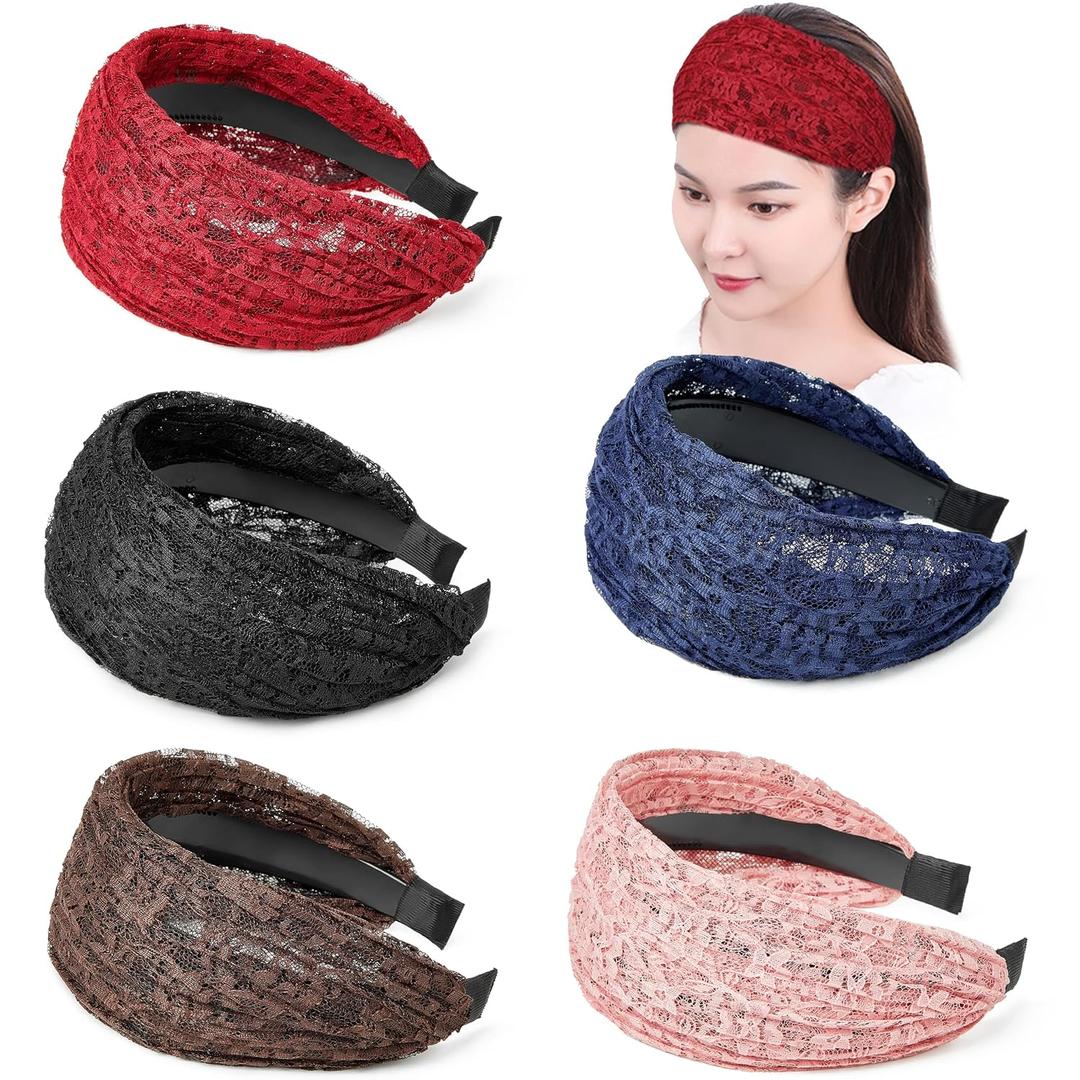 DORIS&JACKY Fashion 2.5 Inch Wide Lace Headbands Elastic Hairbands With Teeth Headwear Accessories For Women And Girls (Wide Lace-5PCS)