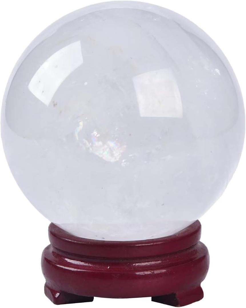 AMOYSTONE Clear Quartz Ball Natural Quartz Sphere Crystal Ball with Wooden Base (2.7")