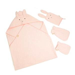SILI FACTORY Hooded Baby Towels, 100% Cotton, Ultra-Soft & Absorbent Baby Bath Towels with Bath Mitt, Baby Bath Towels for Newborn, Infant, Toddler and Kids, 4 Piece, 39"x 39", (Rabbit-Pink)