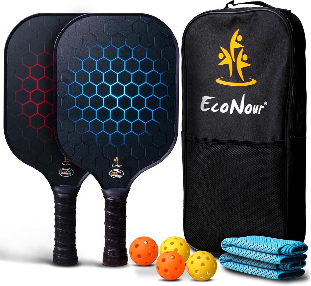 EcoNour Pickleball Paddles Set of 2/4 | USAPA Approved Fiberglass Surface Pickleball Set with 4 Pickleballs | 2 Cooling Towels and Pickleball Racket Storage Bag (Black (2 Pack))