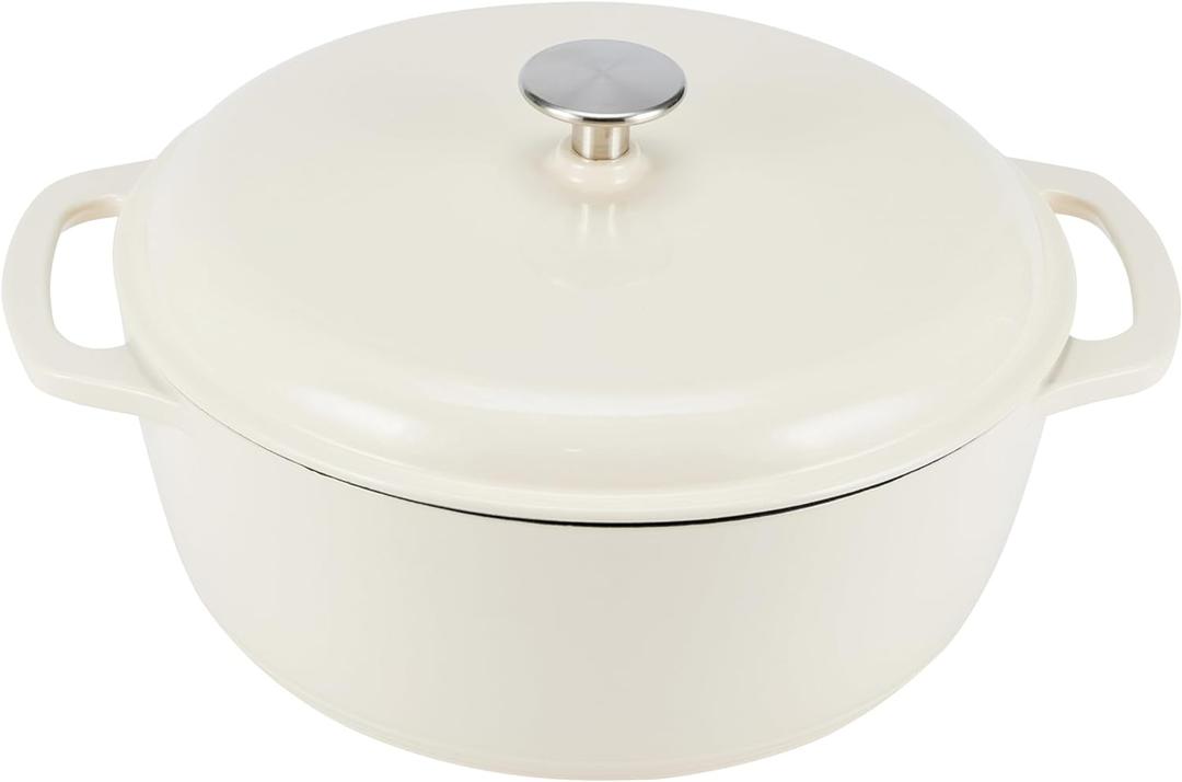 Amazon Basics Cast Iron Dutch Oven Pot with Lid, Enameled, Round, Dual Handles, Heavy-Duty, Medium, 6-Quart, White