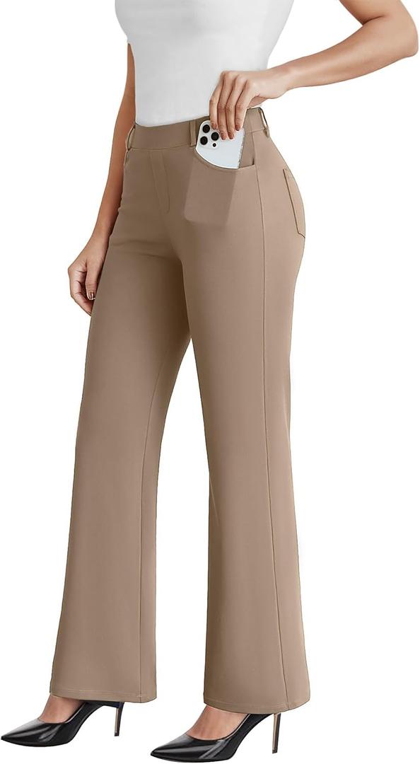 Dress Work Pants Women Business Casual Slack Trousers Stretchy Pull On Office Flare Pants with Pockets (Medium, Deep Khaki Coffee)