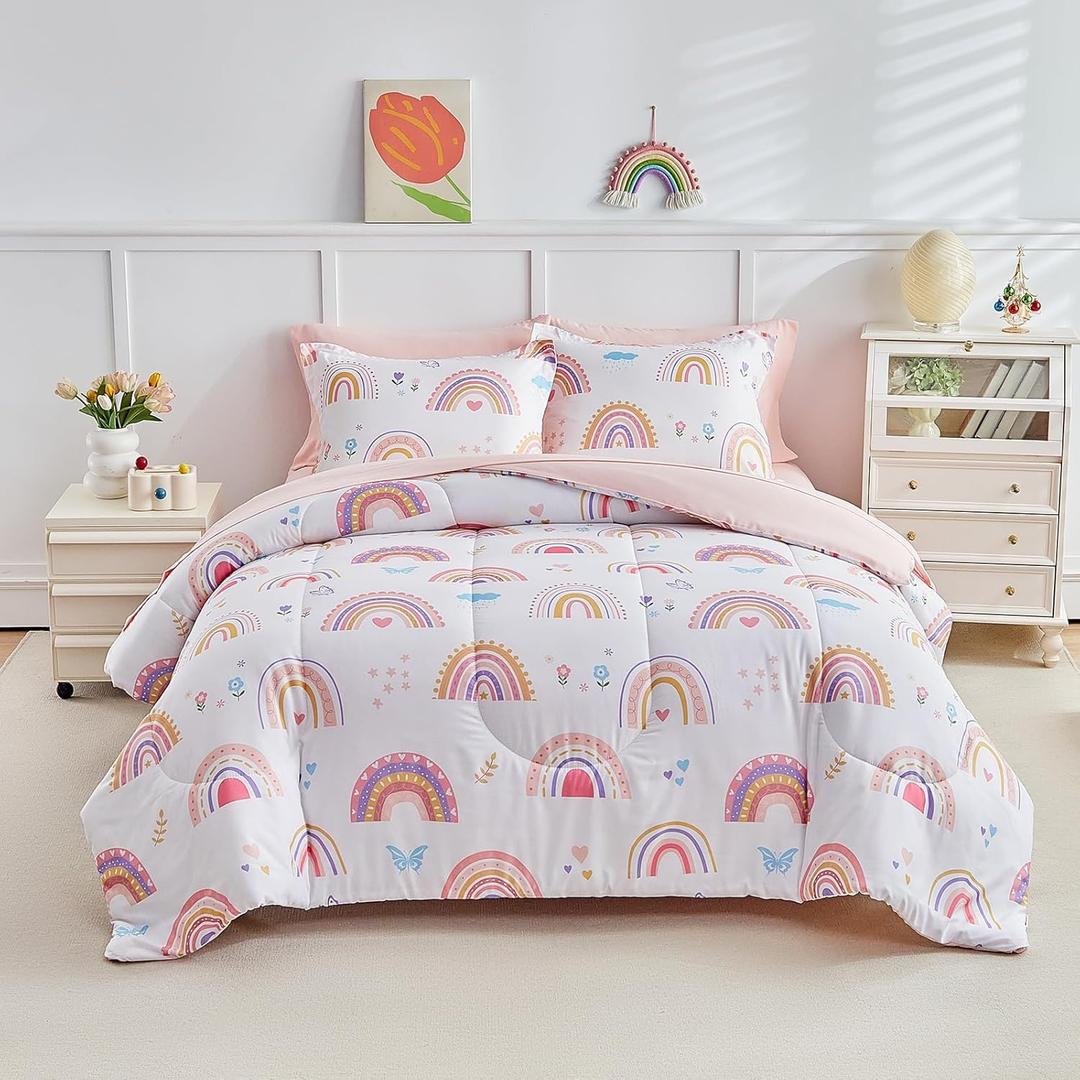 Joyreap 6pcs Bed in a Bag for Girls, Pink Rainbow Lovely Design, Twin Size Microfiber Comforter Sheet Set, Soft Cozy Bedding Comforter Set for All Season