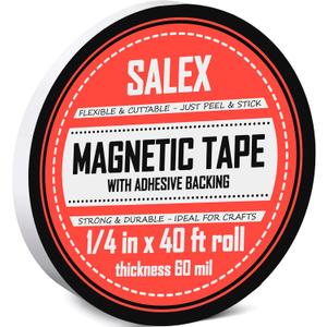 Magnetic Tape with Adhesive Backing 1/4 inch Wide - Thick 60 mil Magnet Tape Roll to Make Sticky Magnet Strips, Strong Squares, Dots, Flexible Sheets, Cutting Own Fridge Magnets, Crafts