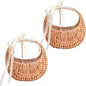 2 PCS Wicker Rattan Flower Baskets Small Half Moon Wicker Basket with Handle and Ribbons Wedding Flower Girl Straw Basket Willow Woven Storage for Wedding Party Decor(Brown) (2)