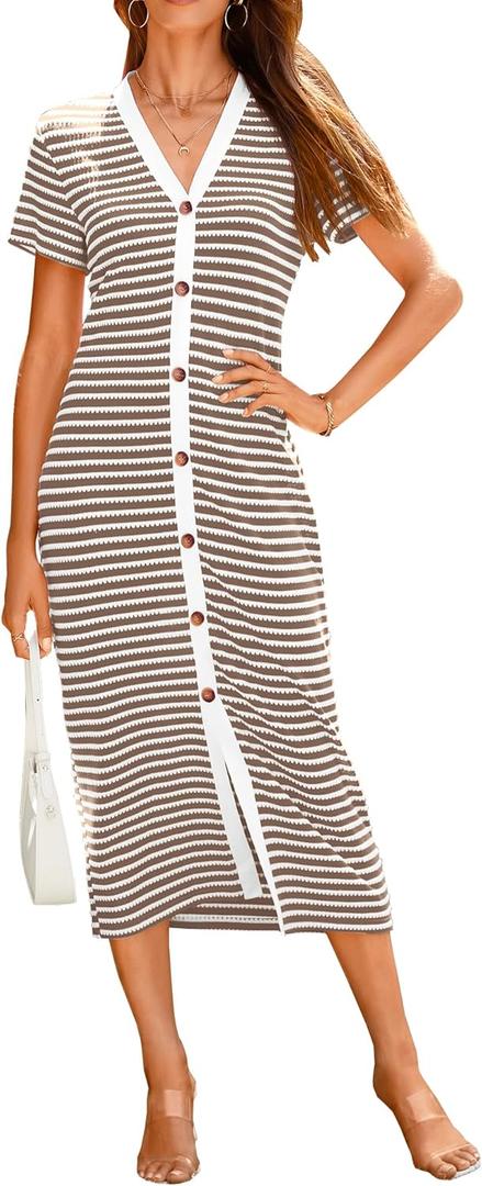 BTFBM Women Casual Summer Dresses Short Sleeve Striped Midi Dresses Decorative Button Ribbed Knit Dresses Party Dresses (Medium, Brown)