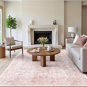 vivorug 9x12 Area Rugs for Living Room, Non Slip Machine Washable Vintage Rug, Ultra-Thin Lightweight Large Area Rug for Bedroom, Dining Room, Low Pile Pink