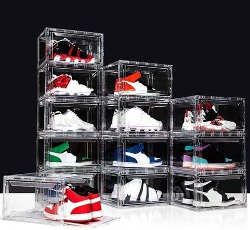 AOHMPT Upgraded 12 Pack Shoe Box,Acrylic Clear Shoe Boxes,Drop Front Shoe Storage Box,Clear Plastic Stackable Sneaker Box,Shoe Containers,Shoe Display Case,Sneaker Storage,Fits Up to Size 15