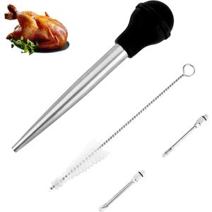 Turkey Baster Syringe for Cooking, Large Stainless Steel Meat Injector, with Cleaning Brush and 2 Marinade Needles, Black