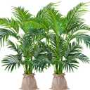 Worth Garden 4ft Artificial Areca Palm Plant 2 Packs in Pot, Fake Cane Palm Silk Tree Indoor Outdoor, Dypsis Lutescens, 47in Lifelike Faux Silk Plant Home Decor, Two Linen Bags Included