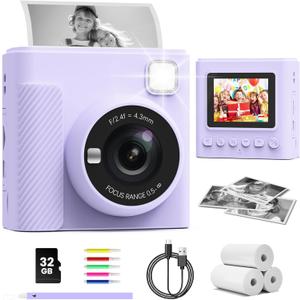TIATUA Kids Instant Print Camera, Christmas Birthday Gifts for Girls and Boys, 1080P HD Video Digital Kids Camera with Print Paper & 32G Card, Toddler Toy for 3-14 Years Old (Purple)