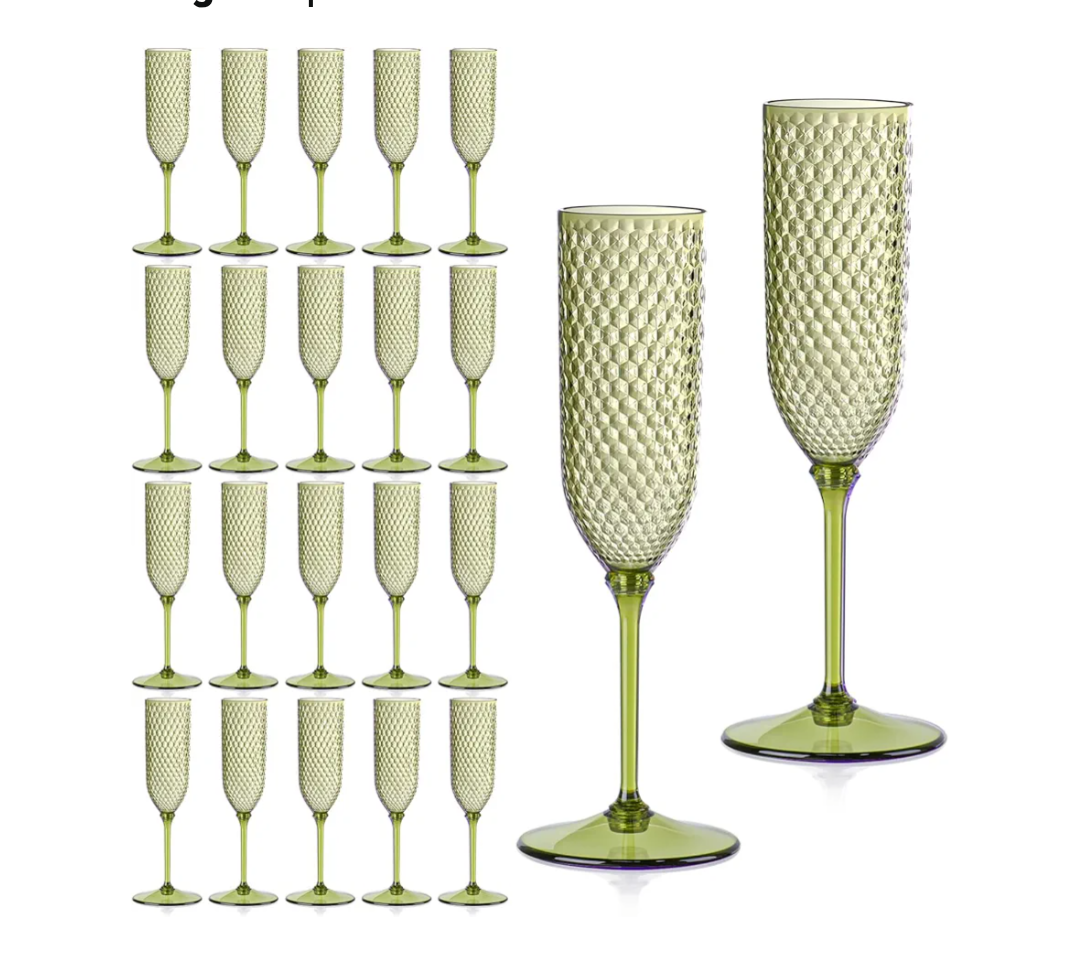 24 Pack Green Detachable 2 piece Champagne Flutes 5.5 Oz Unbreakable Plastic Mimosa Disposable Champagne Glasses Drinking Cups Stemmed Reusable Wine Toasting Glasses for Wedding (24, Olive Green)