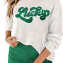 LEMAFER Women 2026 Merry Christmas Round Neck Sequin Letters Sweater Casual Solid Slogan Long Sleeve Pullover Sweatshirt Tops (White, S)